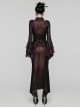 Black Red Printed Glued Patchwork Knitted Mesh Front Chest Three-Dimensional V-Neck Back Waist Adjustable Drawstring Gothic Style Long Sleeve Dress