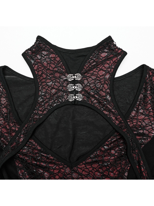 Black Red Printed Glued Patchwork Knitted Mesh Front Chest Three-Dimensional V-Neck Back Waist Adjustable Drawstring Gothic Style Long Sleeve Dress