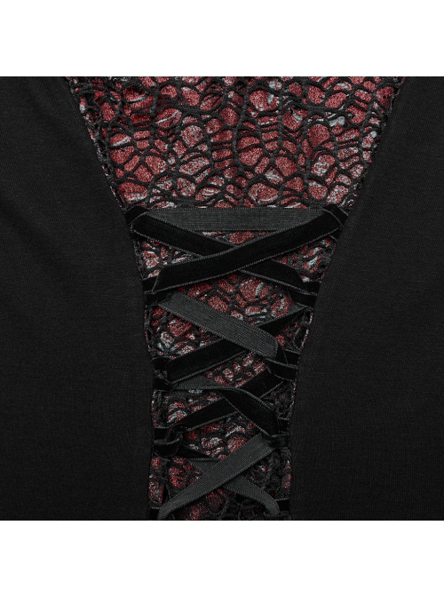 Black Red Printed Glued Patchwork Knitted Mesh Front Chest Three-Dimensional V-Neck Back Waist Adjustable Drawstring Gothic Style Long Sleeve Dress