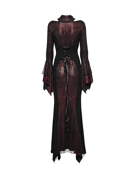 Black Red Printed Glued Patchwork Knitted Mesh Front Chest Three-Dimensional V-Neck Back Waist Adjustable Drawstring Gothic Style Long Sleeve Dress