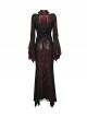 Black Red Printed Glued Patchwork Knitted Mesh Front Chest Three-Dimensional V-Neck Back Waist Adjustable Drawstring Gothic Style Long Sleeve Dress
