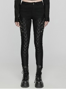 Stretch Black Denim Fabric Spliced ​​With Irregular Tattered Knitted Front Center Webbing With Triangle Buckle Embellishment Punk Style Slim Trousers