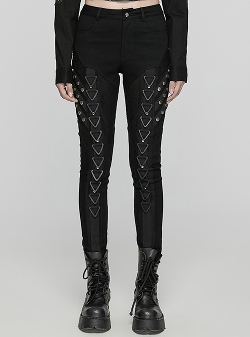 Stretch Black Denim Fabric Spliced ​​With Irregular Tattered Knitted Front Center Webbing With Triangle Buckle Embellishment Punk Style Slim Trousers