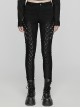 Stretch Black Denim Fabric Spliced ​​With Irregular Tattered Knitted Front Center Webbing With Triangle Buckle Embellishment Punk Style Slim Trousers