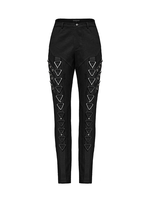 Stretch Black Denim Fabric Spliced ​​With Irregular Tattered Knitted Front Center Webbing With Triangle Buckle Embellishment Punk Style Slim Trousers