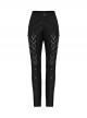 Stretch Black Denim Fabric Spliced ​​With Irregular Tattered Knitted Front Center Webbing With Triangle Buckle Embellishment Punk Style Slim Trousers