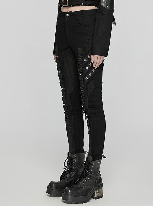Stretch Black Denim Fabric Spliced ​​With Irregular Tattered Knitted Front Center Webbing With Triangle Buckle Embellishment Punk Style Slim Trousers