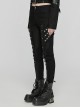 Stretch Black Denim Fabric Spliced ​​With Irregular Tattered Knitted Front Center Webbing With Triangle Buckle Embellishment Punk Style Slim Trousers
