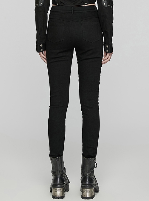 Stretch Black Denim Fabric Spliced ​​With Irregular Tattered Knitted Front Center Webbing With Triangle Buckle Embellishment Punk Style Slim Trousers