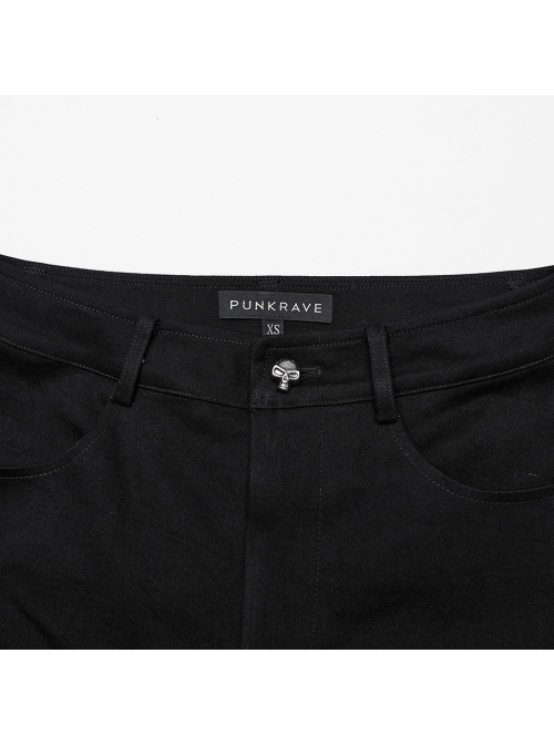 Stretch Black Denim Fabric Spliced ​​With Irregular Tattered Knitted Front Center Webbing With Triangle Buckle Embellishment Punk Style Slim Trousers