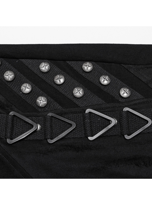 Stretch Black Denim Fabric Spliced ​​With Irregular Tattered Knitted Front Center Webbing With Triangle Buckle Embellishment Punk Style Slim Trousers