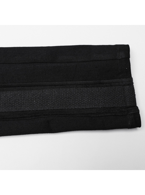 Stretch Black Denim Fabric Spliced ​​With Irregular Tattered Knitted Front Center Webbing With Triangle Buckle Embellishment Punk Style Slim Trousers