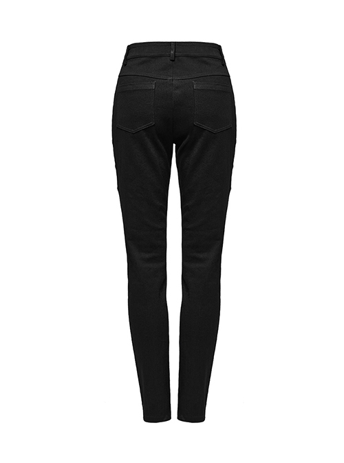 Stretch Black Denim Fabric Spliced ​​With Irregular Tattered Knitted Front Center Webbing With Triangle Buckle Embellishment Punk Style Slim Trousers