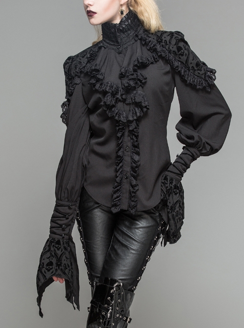 Chiffon Skull Pattern Flocking Chest Frilly Horn Cuff Black Gothic Blouse