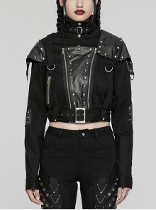 Black Retro Twill Stitching And Rubberized Leather Front Loose Stand Collar With Distressed Rivets Embellished Punk Style Long Sleeved Jacket