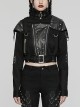Black Retro Twill Stitching And Rubberized Leather Front Loose Stand Collar With Distressed Rivets Embellished Punk Style Long Sleeved Jacket