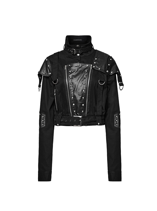 Black Retro Twill Stitching And Rubberized Leather Front Loose Stand Collar With Distressed Rivets Embellished Punk Style Long Sleeved Jacket