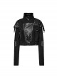 Black Retro Twill Stitching And Rubberized Leather Front Loose Stand Collar With Distressed Rivets Embellished Punk Style Long Sleeved Jacket
