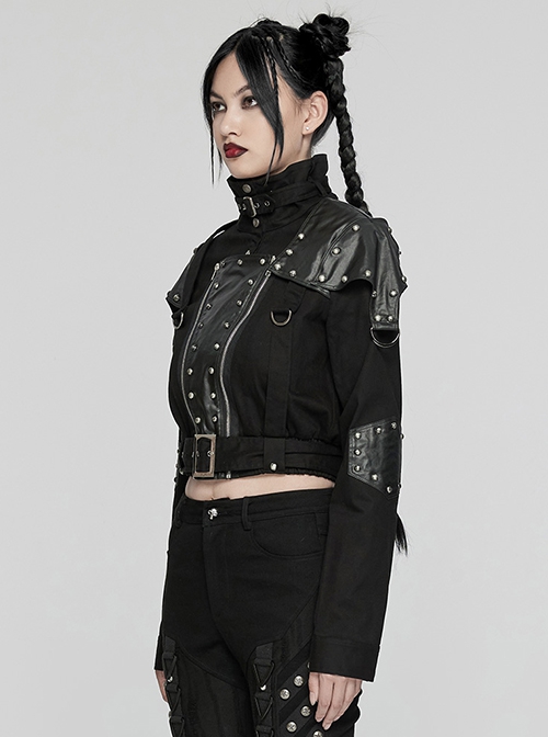 Black Retro Twill Stitching And Rubberized Leather Front Loose Stand Collar With Distressed Rivets Embellished Punk Style Long Sleeved Jacket