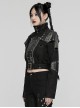 Black Retro Twill Stitching And Rubberized Leather Front Loose Stand Collar With Distressed Rivets Embellished Punk Style Long Sleeved Jacket