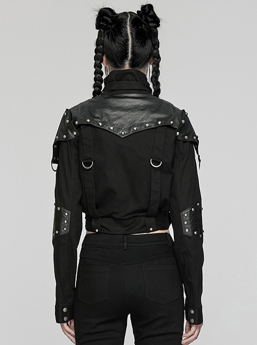 Black Retro Twill Stitching And Rubberized Leather Front Loose Stand Collar With Distressed Rivets Embellished Punk Style Long Sleeved Jacket