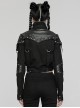 Black Retro Twill Stitching And Rubberized Leather Front Loose Stand Collar With Distressed Rivets Embellished Punk Style Long Sleeved Jacket