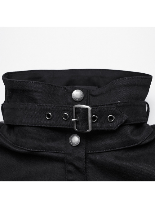 Black Retro Twill Stitching And Rubberized Leather Front Loose Stand Collar With Distressed Rivets Embellished Punk Style Long Sleeved Jacket
