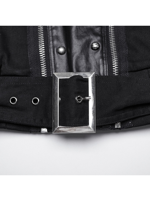 Black Retro Twill Stitching And Rubberized Leather Front Loose Stand Collar With Distressed Rivets Embellished Punk Style Long Sleeved Jacket