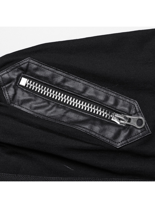 Black Retro Twill Stitching And Rubberized Leather Front Loose Stand Collar With Distressed Rivets Embellished Punk Style Long Sleeved Jacket
