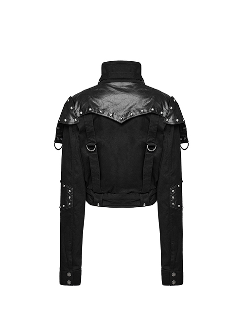 Black Retro Twill Stitching And Rubberized Leather Front Loose Stand Collar With Distressed Rivets Embellished Punk Style Long Sleeved Jacket