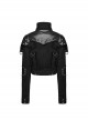 Black Retro Twill Stitching And Rubberized Leather Front Loose Stand Collar With Distressed Rivets Embellished Punk Style Long Sleeved Jacket