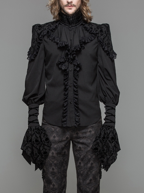 Black Chiffon Skull Pattern Flocking Chest Frilly Horn Cuff Lace-Up Gothic Shirt