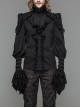 Black Chiffon Skull Pattern Flocking Chest Frilly Horn Cuff Lace-Up Gothic Shirt