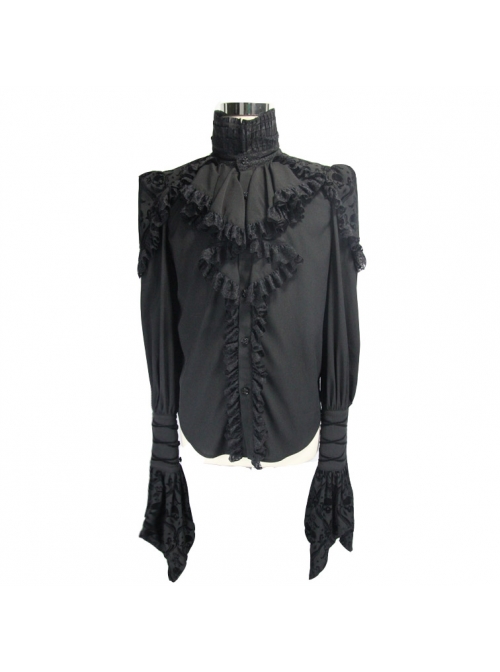 Black Chiffon Skull Pattern Flocking Chest Frilly Horn Cuff Lace-Up Gothic Shirt