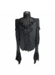 Black Chiffon Skull Pattern Flocking Chest Frilly Horn Cuff Lace-Up Gothic Shirt