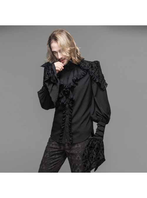 Black Chiffon Skull Pattern Flocking Chest Frilly Horn Cuff Lace-Up Gothic Shirt