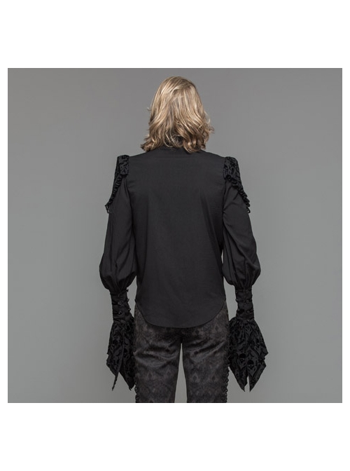 Black Chiffon Skull Pattern Flocking Chest Frilly Horn Cuff Lace-Up Gothic Shirt
