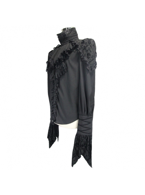 Black Chiffon Skull Pattern Flocking Chest Frilly Horn Cuff Lace-Up Gothic Shirt