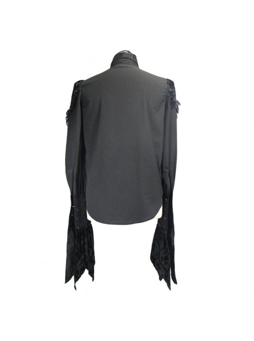 Black Chiffon Skull Pattern Flocking Chest Frilly Horn Cuff Lace-Up Gothic Shirt