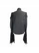 Black Chiffon Skull Pattern Flocking Chest Frilly Horn Cuff Lace-Up Gothic Shirt
