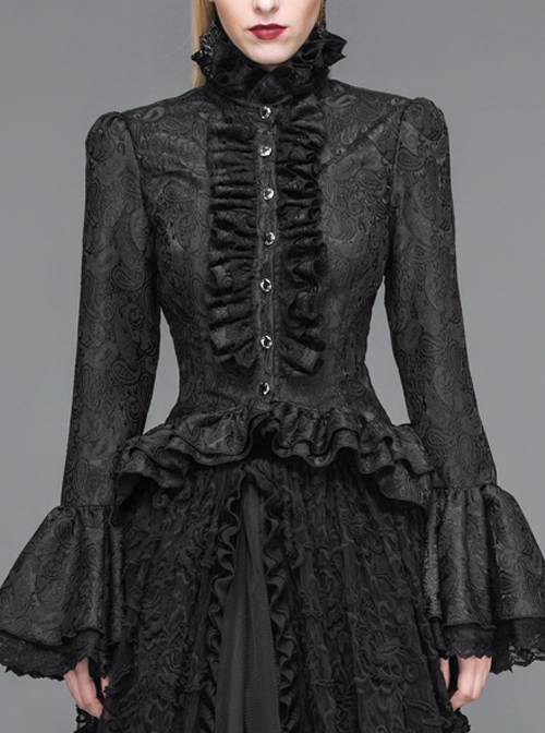 Jacquard Horn Cuff Lace Frilly Hem Back Lace-Up Pattern Buckle Gothic Black Blouse