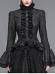 Jacquard Horn Cuff Lace Frilly Hem Back Lace-Up Pattern Buckle Gothic Black Blouse