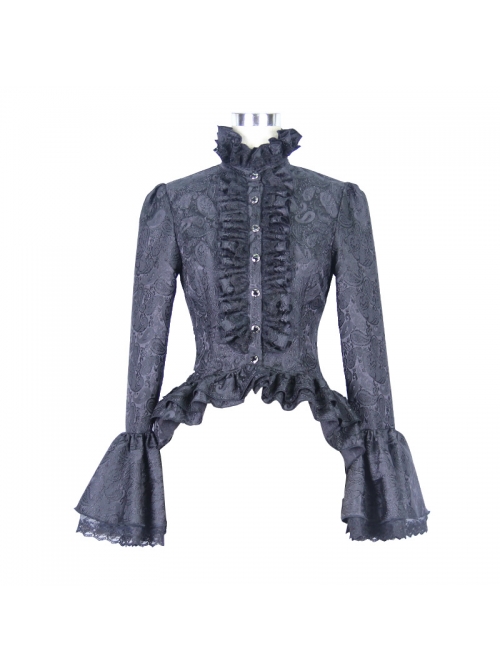 Jacquard Horn Cuff Lace Frilly Hem Back Lace-Up Pattern Buckle Gothic Black Blouse