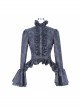 Jacquard Horn Cuff Lace Frilly Hem Back Lace-Up Pattern Buckle Gothic Black Blouse