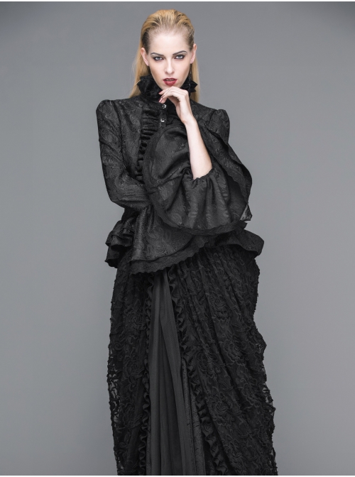 Jacquard Horn Cuff Lace Frilly Hem Back Lace-Up Pattern Buckle Gothic Black Blouse