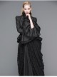 Jacquard Horn Cuff Lace Frilly Hem Back Lace-Up Pattern Buckle Gothic Black Blouse