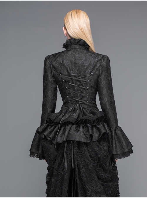 Jacquard Horn Cuff Lace Frilly Hem Back Lace-Up Pattern Buckle Gothic Black Blouse