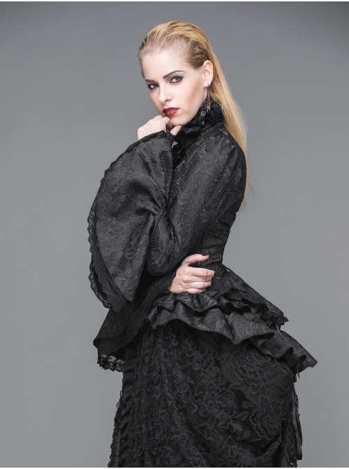 Jacquard Horn Cuff Lace Frilly Hem Back Lace-Up Pattern Buckle Gothic Black Blouse