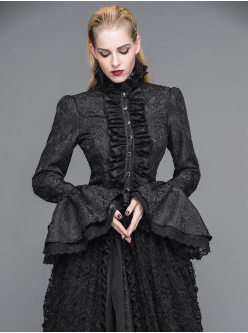 Jacquard Horn Cuff Lace Frilly Hem Back Lace-Up Pattern Buckle Gothic Black Blouse