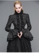 Jacquard Horn Cuff Lace Frilly Hem Back Lace-Up Pattern Buckle Gothic Black Blouse